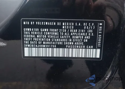 2017 Volkswagen Jetta 1.4T S z USA, uszkodzony, nr VIN 3VW2B7AJ4HM391758